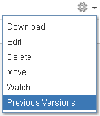 The menu action used for accessing the previous versions of a document