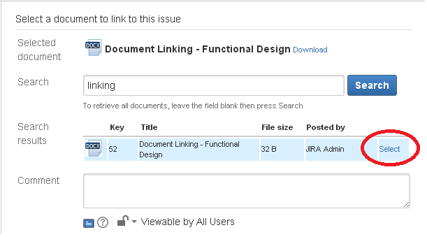 Select the document to be linked to the JIRA issue
