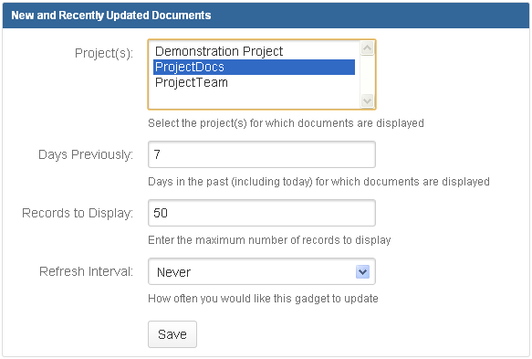 Configuring the "New and Recently Updated Documents" gadget