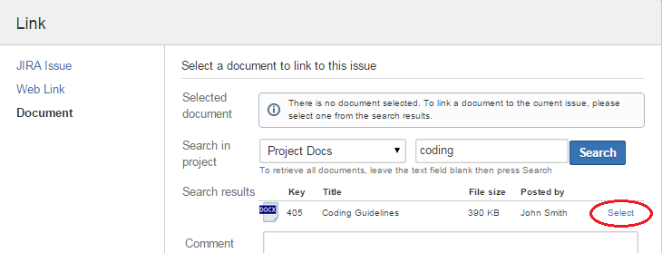 Select the document to be linked to the JIRA issue