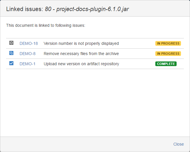 The JIRA issues linked to the document