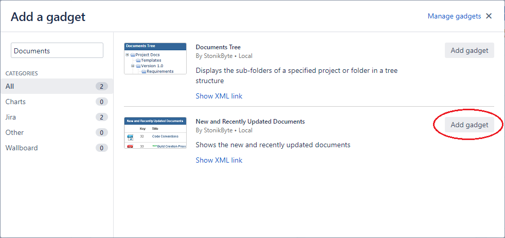 Adding the New and Recently Updated Documents gadget to a Jira dashboard