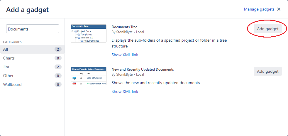 Adding the Documents Tree gadget to a Jira dashboard