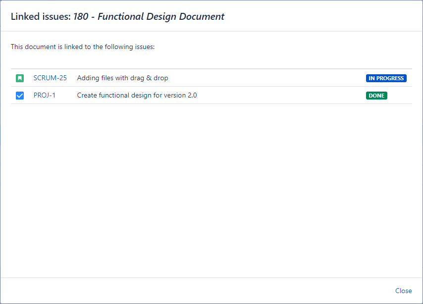 Viewing the Jira issues linked to the document