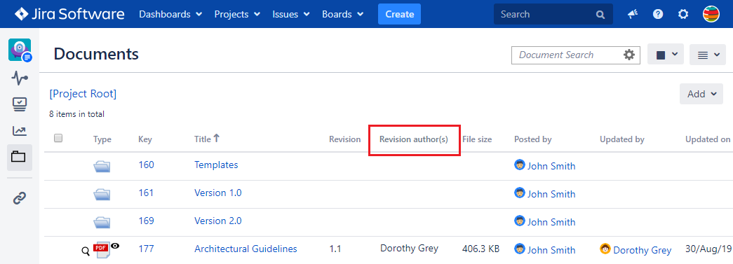 The "Revision author(s)" column in list view