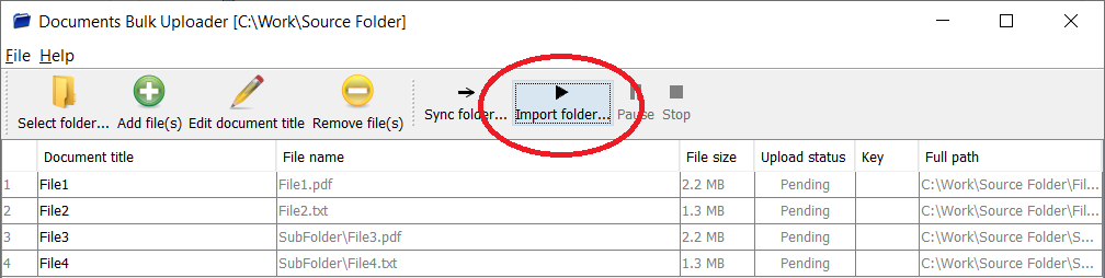 The button for starting the import