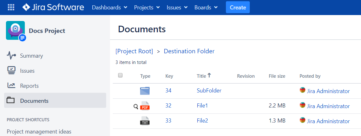 The files imported in the destination folder