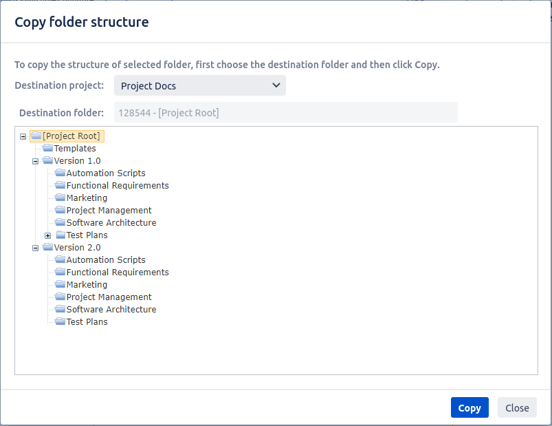 Selecting the destination folder for copying a folder structure