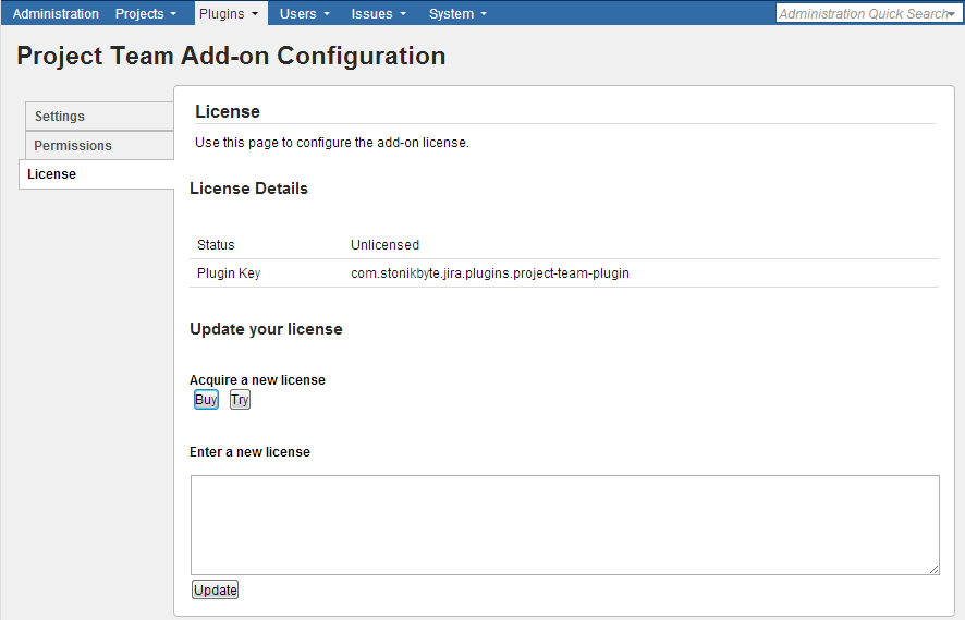 License activation in Project Team admin section