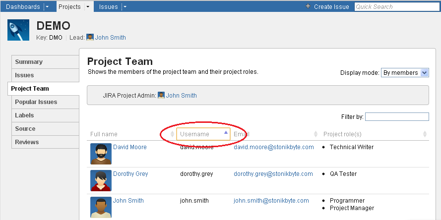 Sorting data in the Project Team table