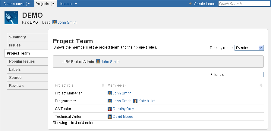 The project team displayed by project roles