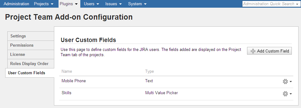 The page from add-on's administration area used for adding user custom fields.