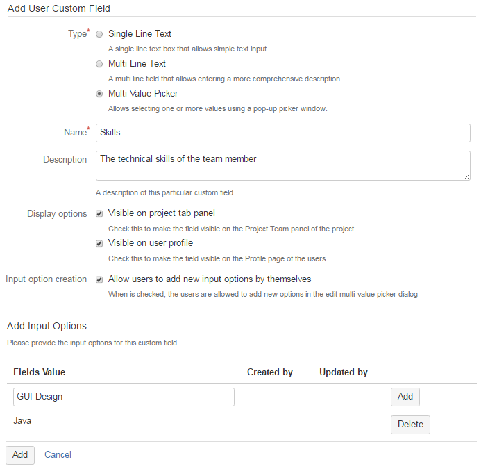 Adding a user custom field of type Multi Value Picker