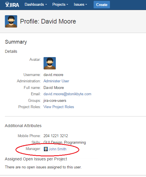 A User Picker field "Manager" on the user profile