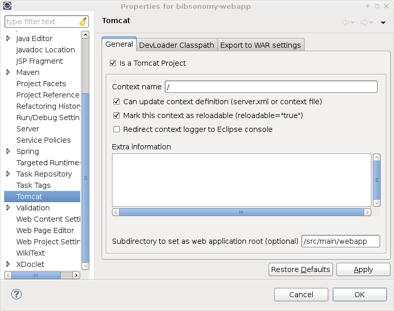 Configuration of the Tomcat settings for the bibsonomy-webapp module