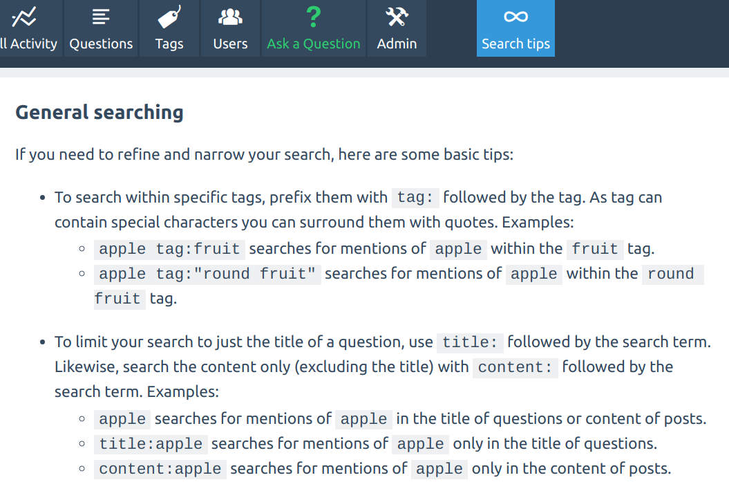 Search tips page