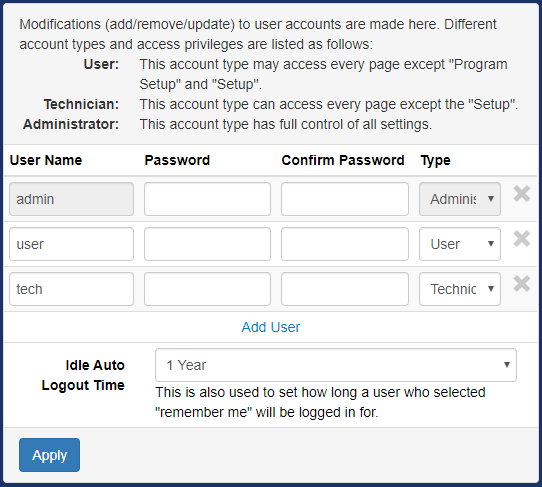 Setup page user account management