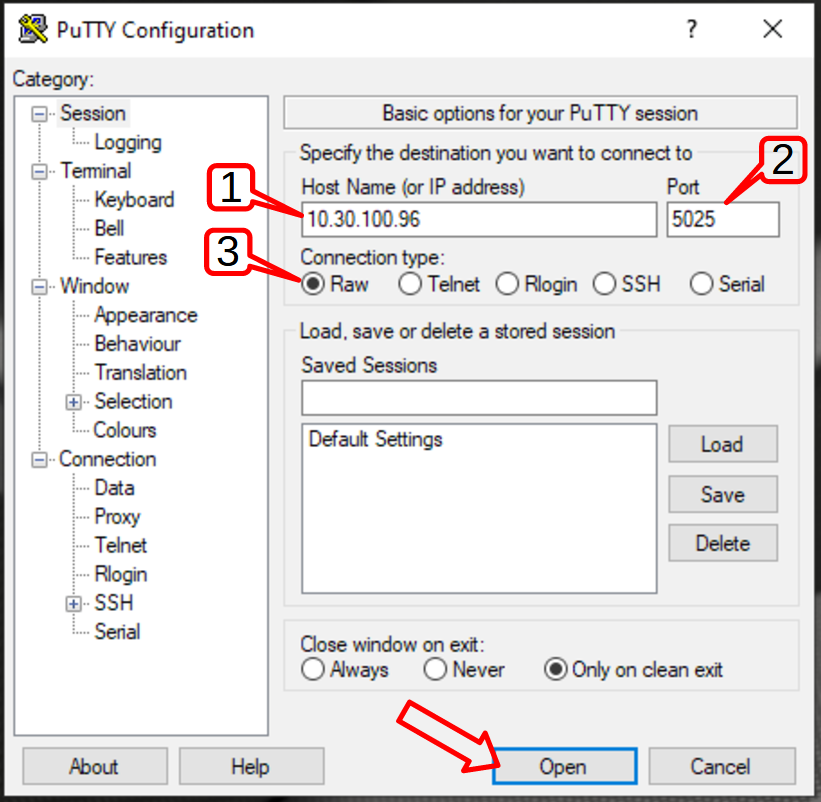 PuTTY setup for raw TCP communication