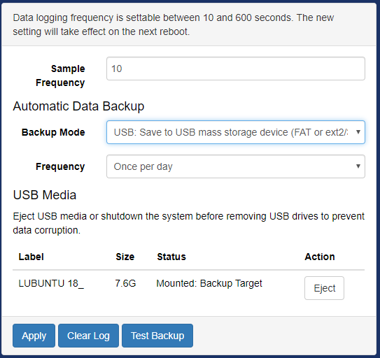 Setup page: Data logging configuration