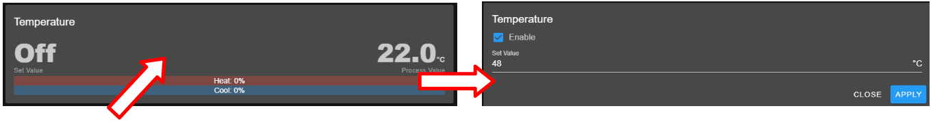 Setting new temperature value via the temperature (CTA) pane