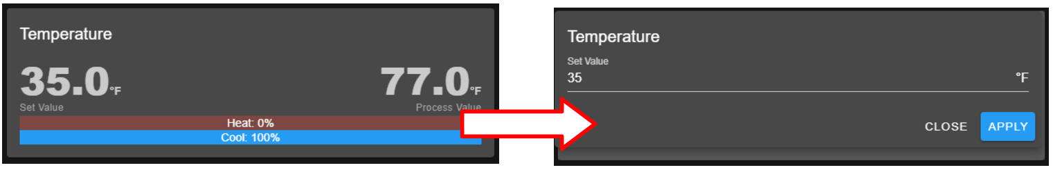 Setting new temperature value via the temperature (CTA) pane