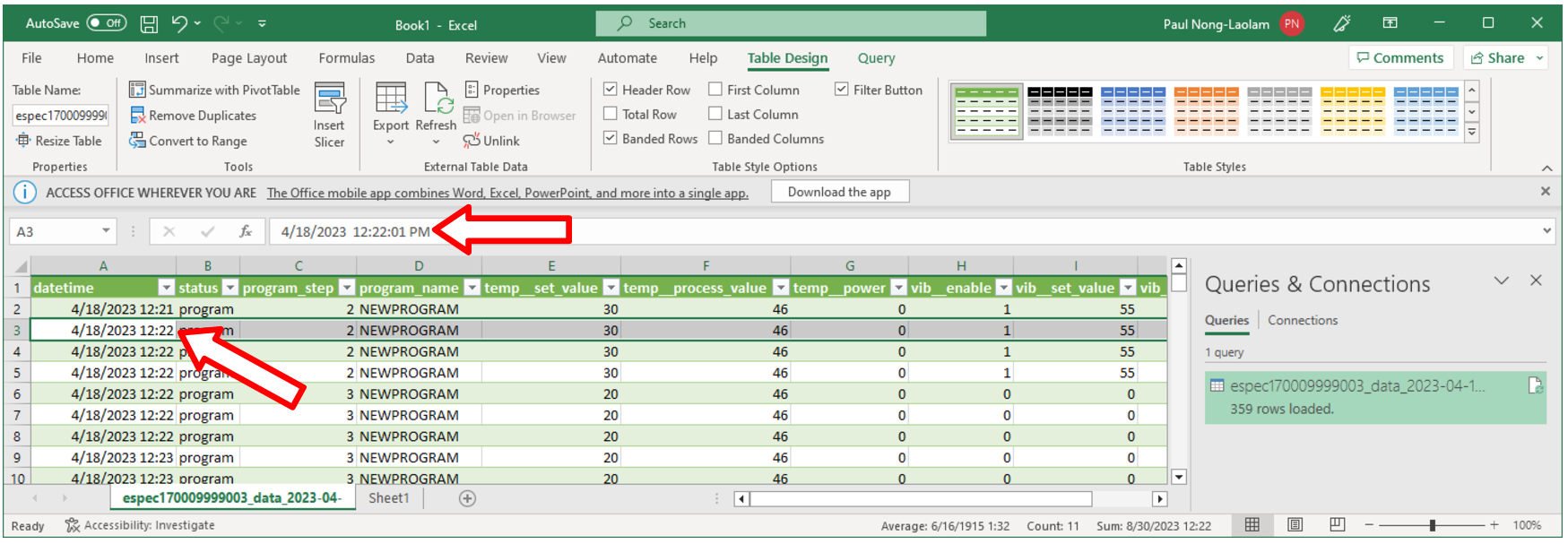 Data file properly imported into MS Excel