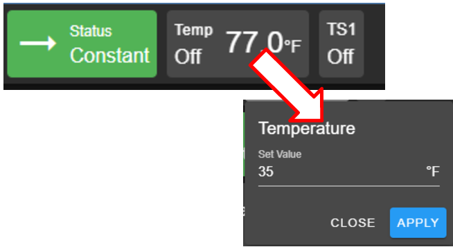 Setting new temperature value via the temp tab