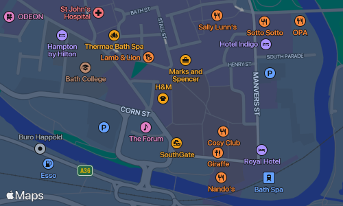 Map showing Bath, UK, in dark mode