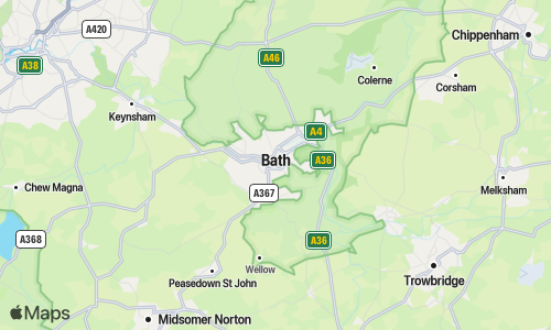 Map showing Bath, UK, using span parameters