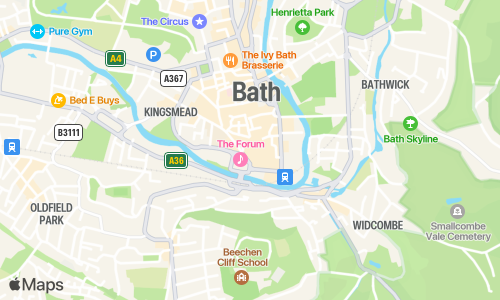 Map showing Bath, UK, at zoom level 14