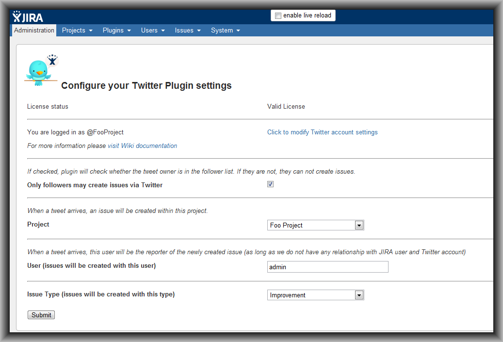 Twitter Plugin Main Configuration Page View
