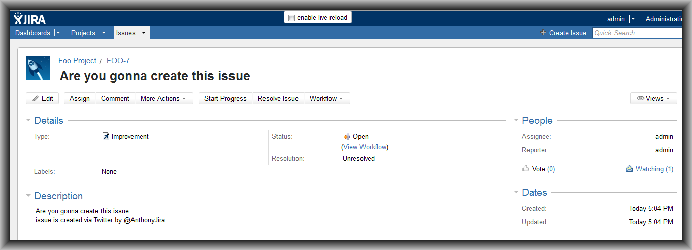 Tweet is now a new issue on JIRA