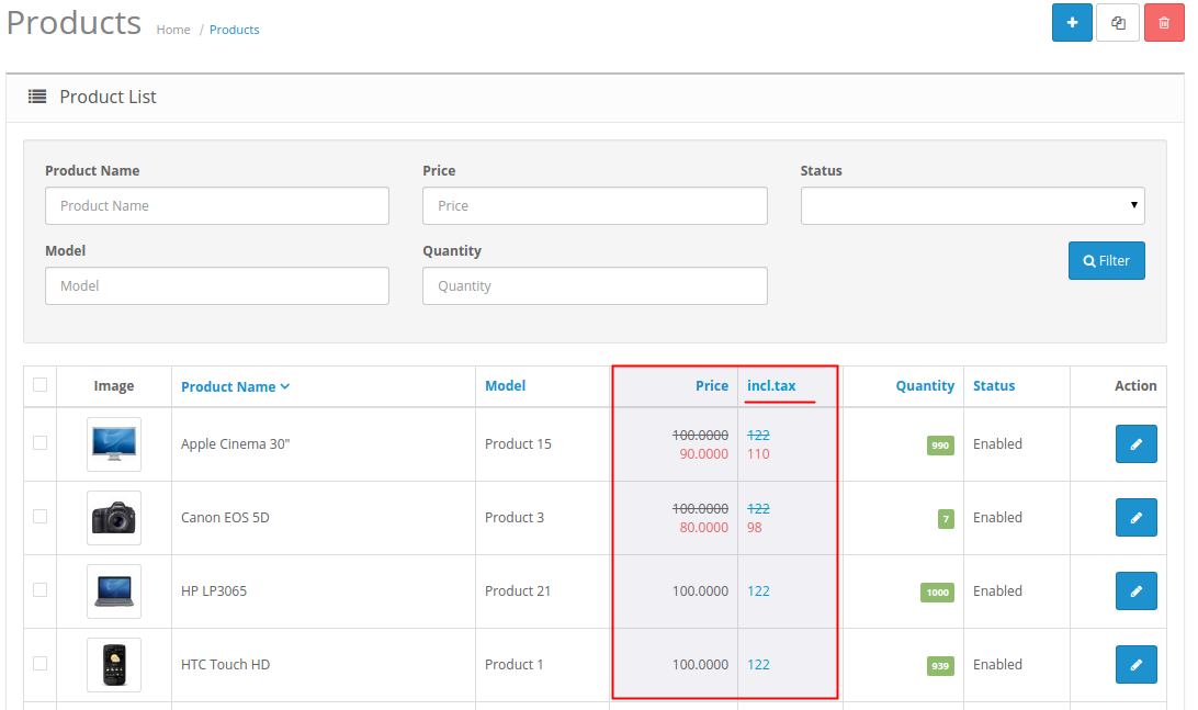 price input helper 2 product list page screenshot with additional column for price with tax